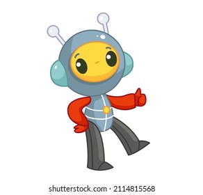 Happy cute alien in a spacesuit shows a class sign. Vector illustration in cartoon childish style. Isolated funny clipart on white background. Astronaut seal