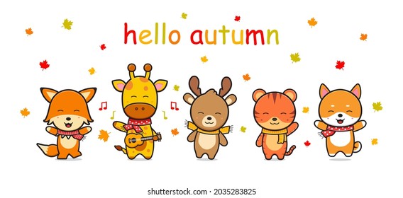 happy cute animal in autumn banner icon cartoon illustration design isolated flat cartoon style