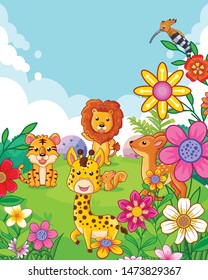 happy cute animals with flowers playing in the garden