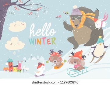 Happy Cute Animals Playing Winter Games. Hello Winter