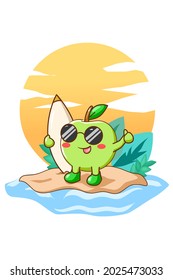Happy and cute apple in beach in the summer cartoon illustration