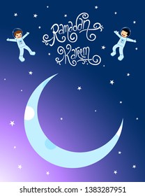 Happy Cute Astronaut Children on the Moon.  Ramadan Kareem Text.