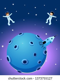 Happy Cute Astronaut Children and Spaceship on the Moon. 
