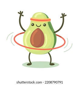 Happy cute avocado exercising flat for web design. Avocado fruit character in gym isolated vector illustration. Fitness workout and sport activity concept