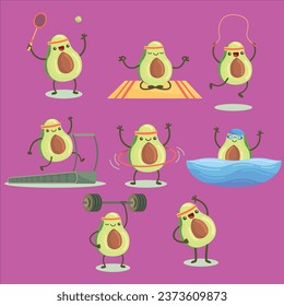 alegre lindo aguacate ejercitar conjunto plano de diseño vector ilustración