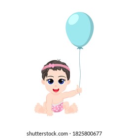 Happy cute baby girl with balloon with cheerful  happy expression isolated on a white background