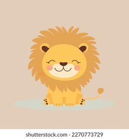 Happy cute baby lion funny vector concept of character. Children's flat hand drawn simple style illustration for posters, postcards, T-shirts