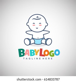 Una plantilla portadora con el logotipo Happy Cute Baby con sonrisa y texto colorido para Baby Shop, Maternity Store y Business Company. Pasos de ilustración de vectores.10