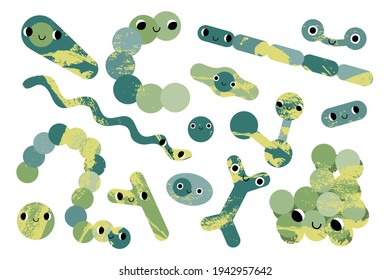 Happy cute bacteria character with smiling face. Funny kind kawaii microorganism: coccus, bifidobacterium, clostridium, streptococcus, spirillum, corynebacterium. Vector flat cartoon illustration