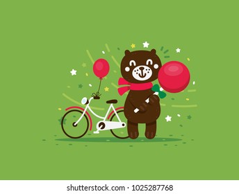 Happy cute bear enjoy his lollypop, the bike and the balloon, 100% vector