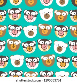 Happy cute bear face seamless vector illustration background. Teddy,Polar,Grizzly,Panda bears doodle cartoon style on green blue color background. Wallpaper design pattern for kid.