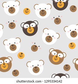 Happy cute bear face seamless vector illustration background. Teddy,Polar,Grizzly,white,brown bears doodle cartoon style on grey blue color background. Wallpaper design pattern for kid.
