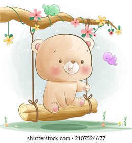 Happy cute bear on swing illustration