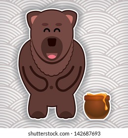 happy cute bear with pot of honey on a waved background