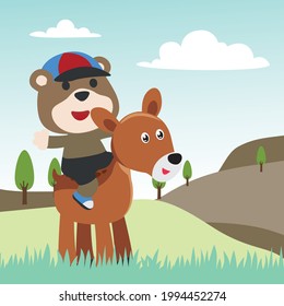 happy cute bear riding cute donkey. Can be used for t-shirt printing, children wear fashion designs, baby shower invitation cards and other decoration. 