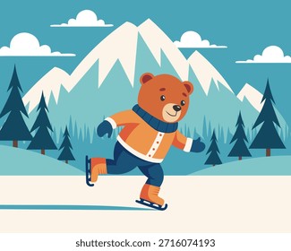 Fröhlich süßer Bär in Winterjacke Skating in einer Winterlandschaft. Feiertagsgrafik.