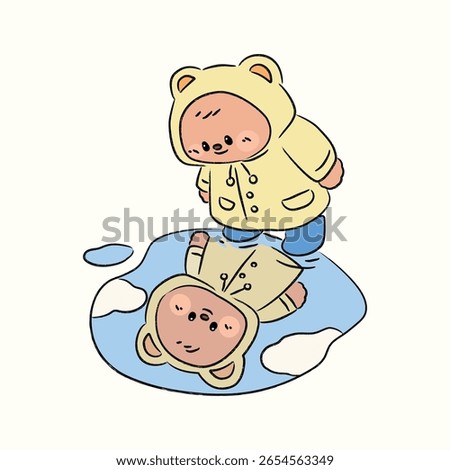 Happy Cute Bear in yellow Raincoat Looking at Puddle Reflection Illustration