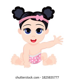 Happy cute beautiful baby girl setting and showing one hand wide and waving in a white background isolated with pink diaper