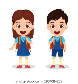 Happy cute beautiful school kid boy and girl standing and  ready to go school with cheerful expression isolated on white background