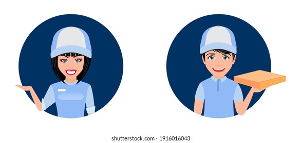 Happy cute beautiful smart delivery boy and girl character with cheerful expression with beautiful deliveryman t-shirt outfits and waving in avatar