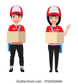 Happy cute beautiful smart delivery boy and girl character with cheerful expression with beautiful deliveryman t-shirt outfits and waving with boxes