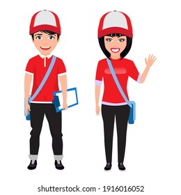 Happy cute beautiful smart delivery boy and girl character with cheerful expression with beautiful deliveryman t-shirt outfits and waving