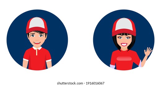 Happy Cute Beautiful Smart Delivery Boy And Girl Character With Cheerful Expression With Beautiful Deliveryman T-shirt Outfits In Avatar