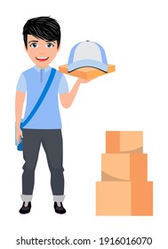 Happy cute beautiful smart delivery boy character with cheerful expression with beautiful deliveryman t-shirt outfits and waving with pizza box and boxes