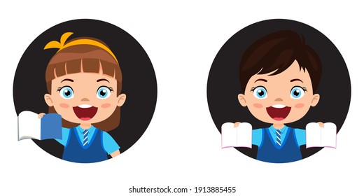 Feliz lindo y hermoso colegio niño y niña listos para ir a la escuela con expresión alegre con hermosos atuendos que muestran libros