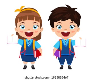 Happy cute beautiful smart school kid boy and girl standing ready to go school with cheerful expression with beautiful outfits and showing book