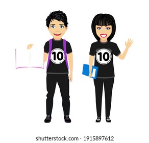 Happy cute beautiful smart university student boy and girl character with cheerful expression with beautiful black T-shirt outfits and waving with books