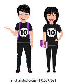 Happy cute beautiful smart university student boy and girl character with cheerful expression with beautiful black T-shirt outfits and waving