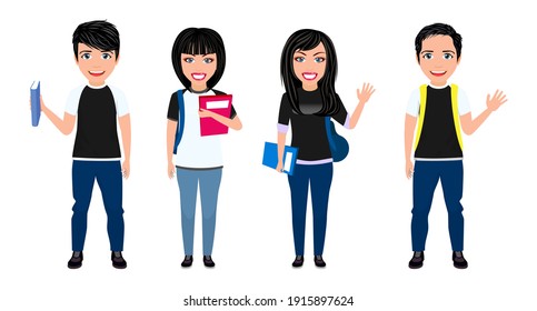 Happy cute beautiful smart university student boys and girls character with cheerful expression with bag pack, books, files and waving
