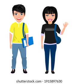Happy cute beautiful smart university student boy and girl character with cheerful expression with beautiful black and yellow T-shirt outfits and waving