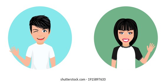Happy cute beautiful smart university student boy and girl character with cheerful expression with beautiful beautiful T-shirt outfits and waving isolated