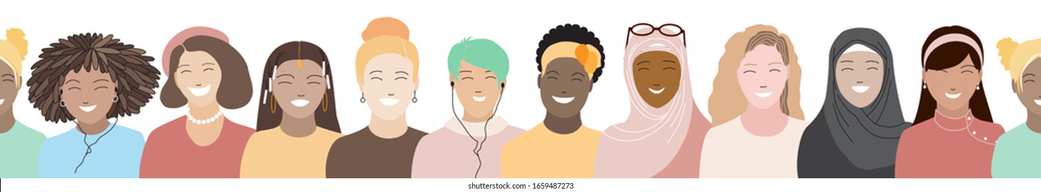 Happy cute beautiful smiling women seamless border pattern. Diverse races, nationalities, characters. Big set of multi ethnic, multicultural female faces. International team group vector illustration.