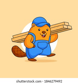 Happy cute beaver carrying bulk wood vector illustration for carpenter occupation animal mascot character vector illustration cartoon design
