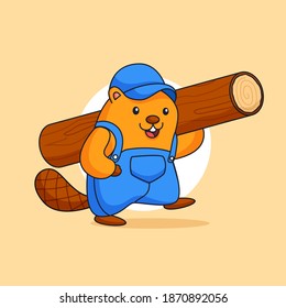 Happy cute beaver carrying logging timber wood vector illustration for carpenter woodcutter occupation animal mascot character vector illustration cartoon design