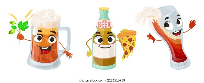 Happy cute beer character isolated vector set. Funny bottle, pint mug and glass of alcohol drink with food snack and wheat spikelet and hops illustration. Emoticon mascot face