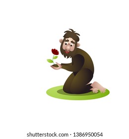 Happy cute bigfoot, yeti finding a cute red flower