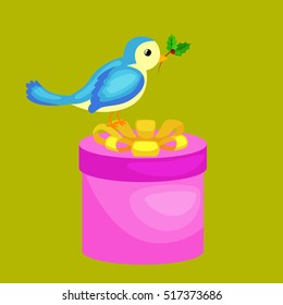 happy cute bird with christmas gifts, animal with presents box for holidays vector illustration