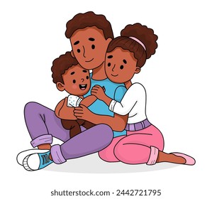 Happy cute black family. Beautiful ethnic sitting woman and man with smiling child son. Vector illustration. Colored hand drawn doodle style.