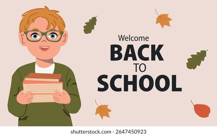Happy cute blond school boy holding books, back to school banner. Cheerful boy going to school
