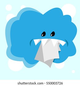Happy cute blue office worker monster in the cloud shape. Simple childish vector illustration for toddlers and kids in nice light colors. Alien with big funny teeth