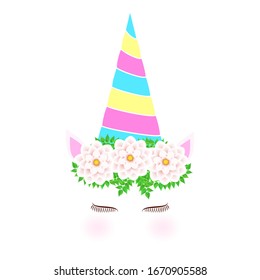 Happy cute blushed unicorn on white background, with horn in pastel pink, blue, yellow colors. T-shirt and card design element. Flower and leaf decoration.