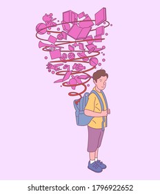 Feliz chico lindo con mochila lista para la escuela, exitosa preparación para la educación. Ilustraciones de diseño vectorial de estilo dibujado a mano.
