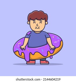 Happy Cute Boy in Big Doughnut, Boy eating junk food, flat cartoon style