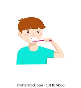 Happy cute boy brushing his teeth. Oral hygiene. Vector illustration in a flat style isolated on a white background.