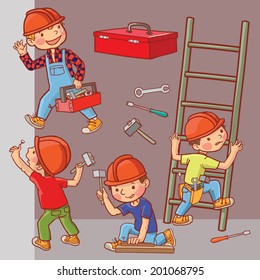 Happy Cute Boy builder working in construction.  Children illustration for School books, magazines, advertising and more. Separate Objects. VECTOR.