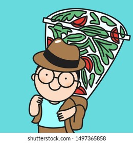 Happy Cute Boy Carrying A Huge Box Of Salad On Backpack. Healthy Lifestyle Concept Card Character illustration